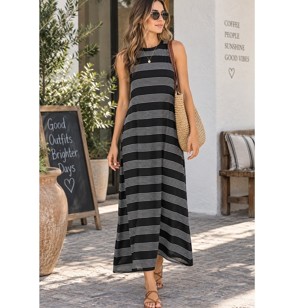 JUST Dress Women Small Black White Striped Maxi Natasha Boho Nautical Beach